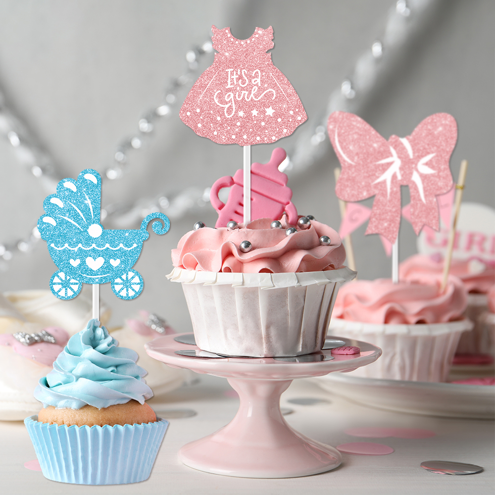 Baby Food Dessert - 12/24pcs Pink Blue Glitter Cupcake Topper